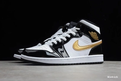 Air 852542-007 Jordan 1 Mid Black White Patent Gold 1028